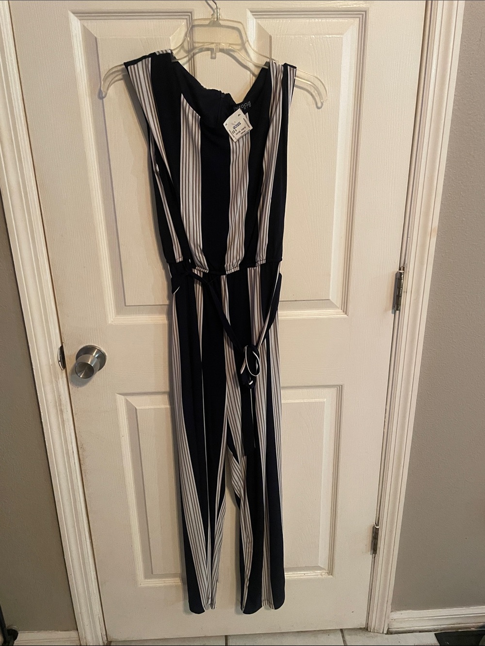 Enfocus Studio Navy and White Striped Sleeveless Jumpsuit with Belt